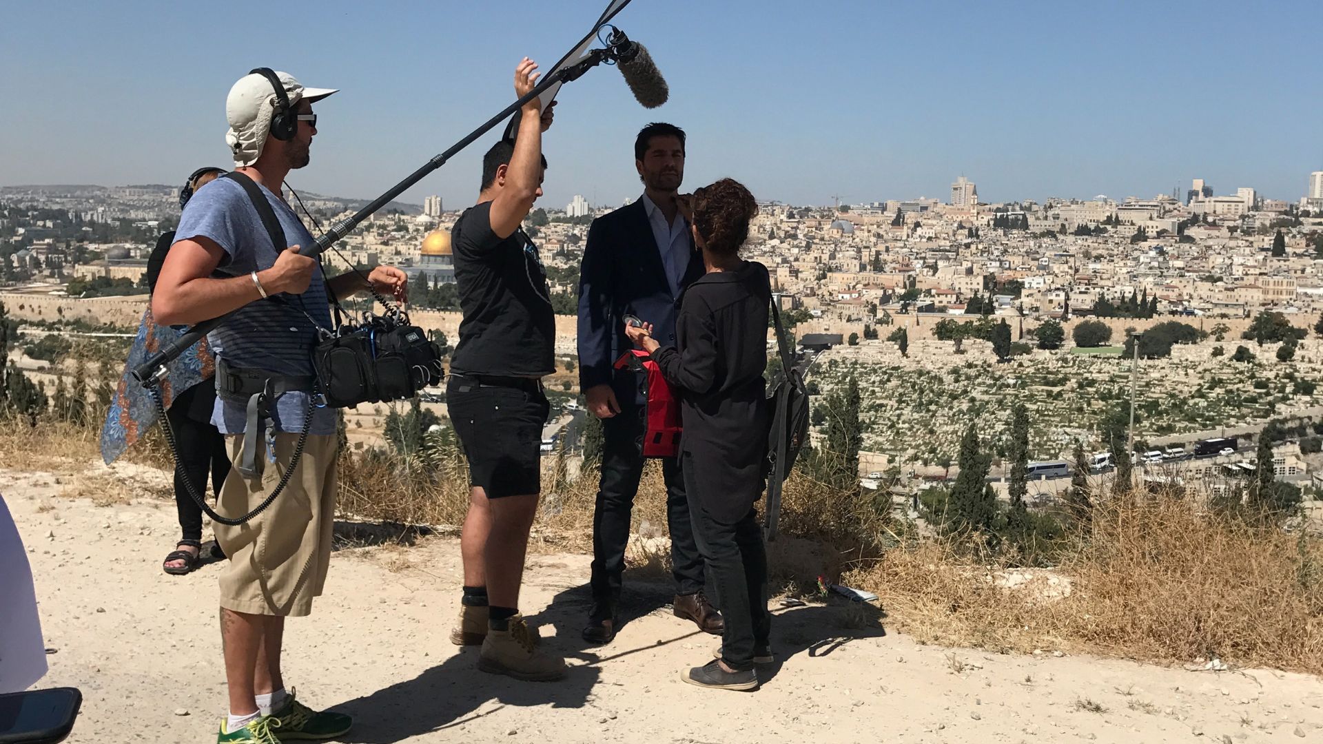 "Local production crew Jerusalem working at the Mount of Olives film location" 